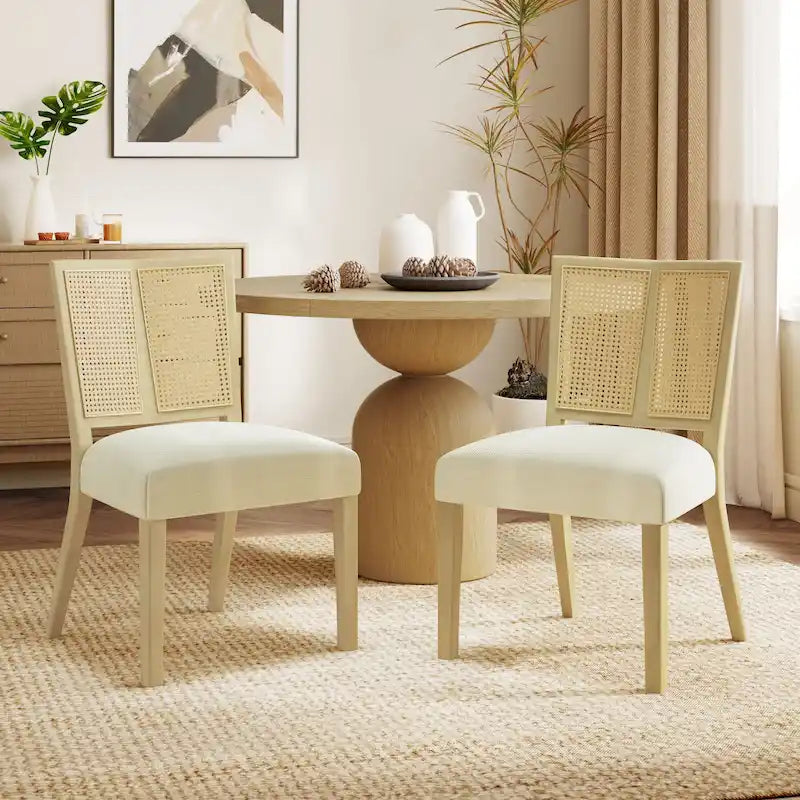 Chaise de salle à manger capitonnée avec dossier en rotin style Mid-Century
