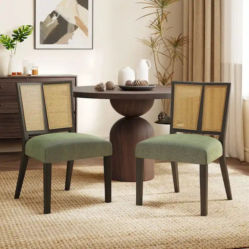 Chaise de salle à manger capitonnée avec dossier en rotin style Mid-Century