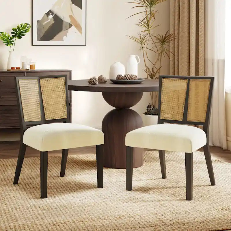 Chaise de salle à manger capitonnée avec dossier en rotin style Mid-Century