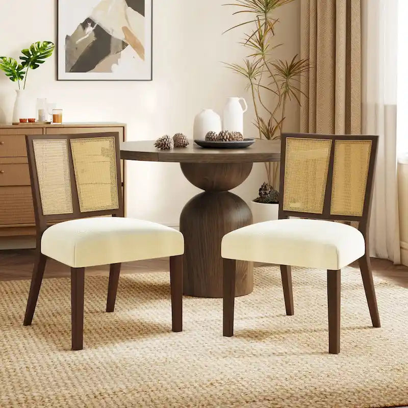 Chaise de salle à manger capitonnée avec dossier en rotin style Mid-Century