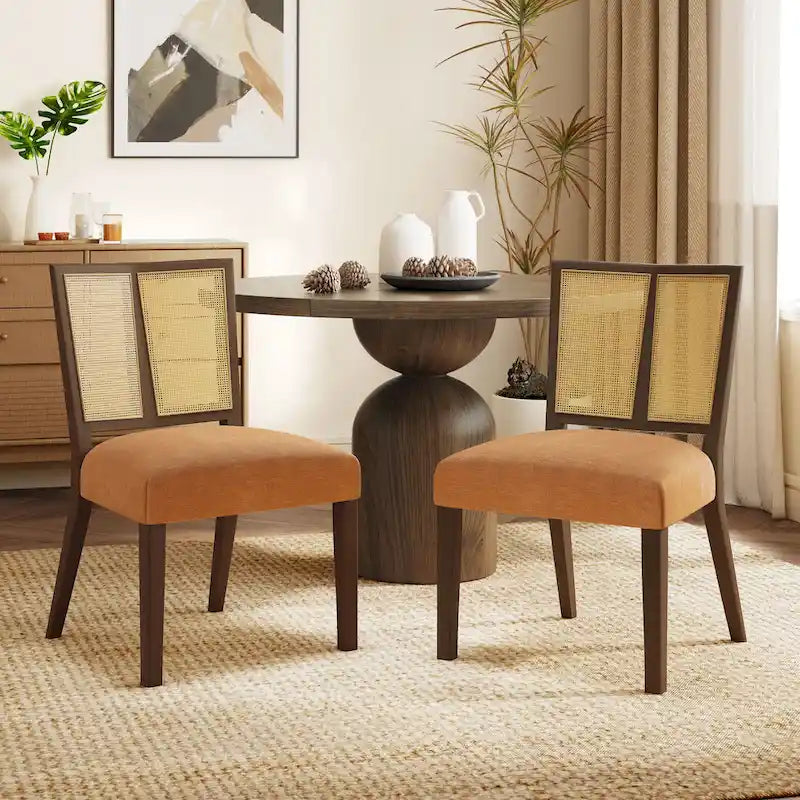 Chaise de salle à manger capitonnée avec dossier en rotin style Mid-Century