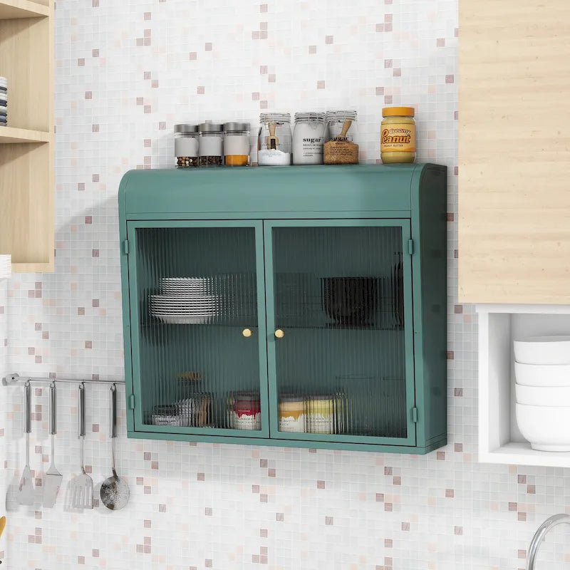 Armoire de rangement murale en métal à 2 portes avec portes et étagères en verre trempé