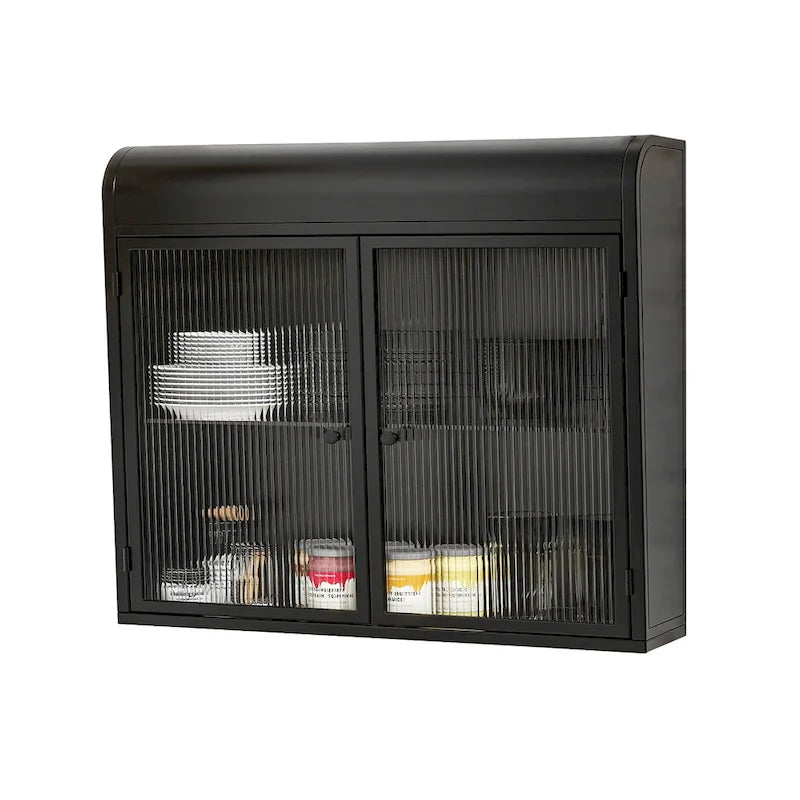 Armoire de rangement murale en métal à 2 portes avec portes et étagères en verre trempé
