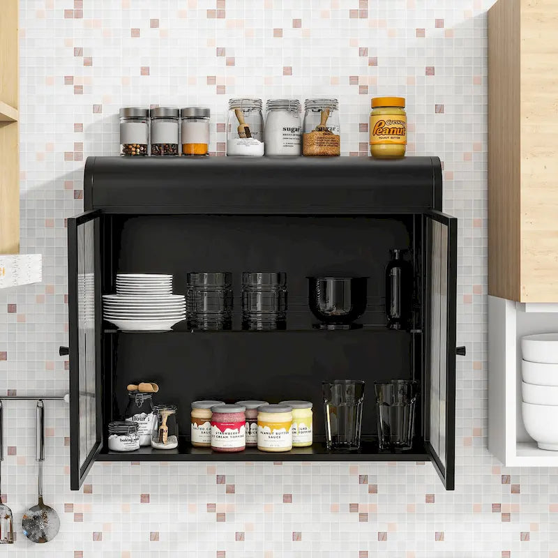Armoire de rangement murale en métal à 2 portes avec portes et étagères en verre trempé