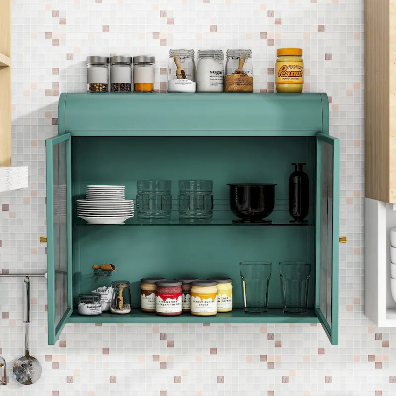Armoire de rangement murale en métal à 2 portes avec portes et étagères en verre trempé