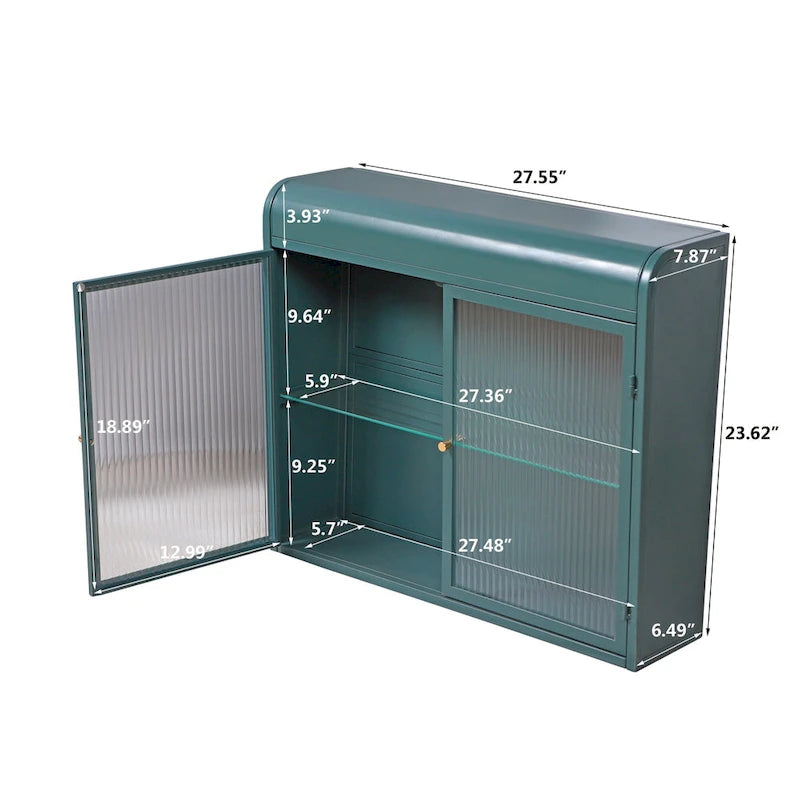Armoire de rangement murale en métal à 2 portes avec portes et étagères en verre trempé