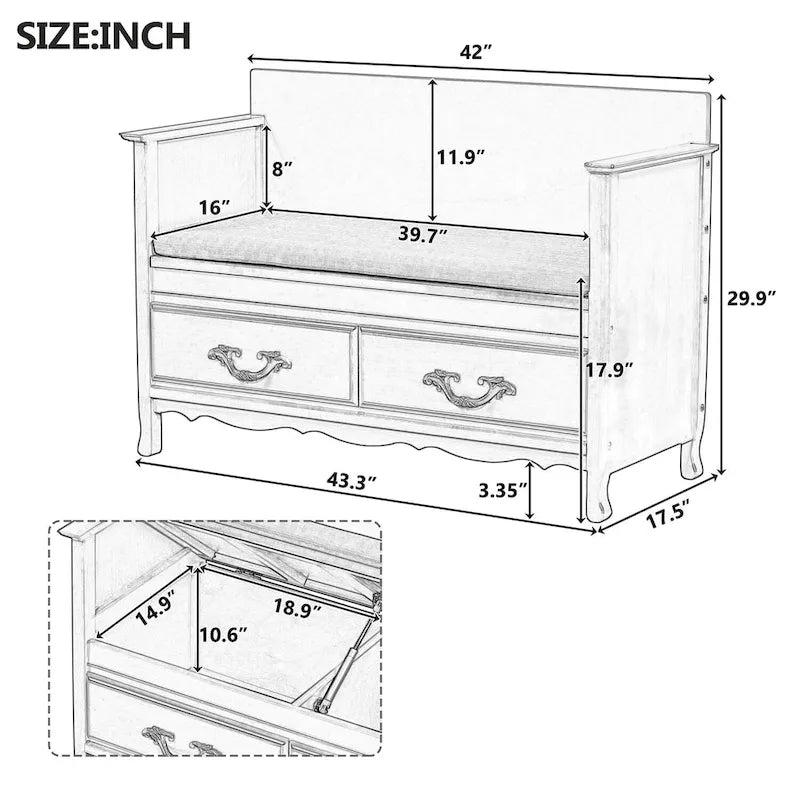 Banc de rangement pour entrée avec coussin amovible