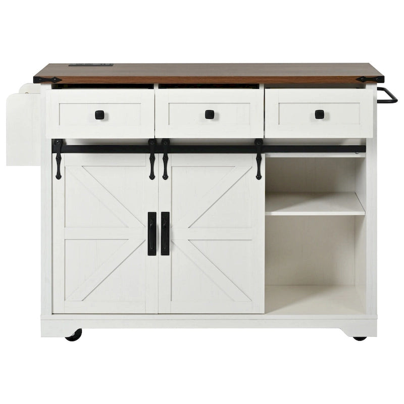Îlot de cuisine de style ferme avec prise électrique et portes coulissantes de grange