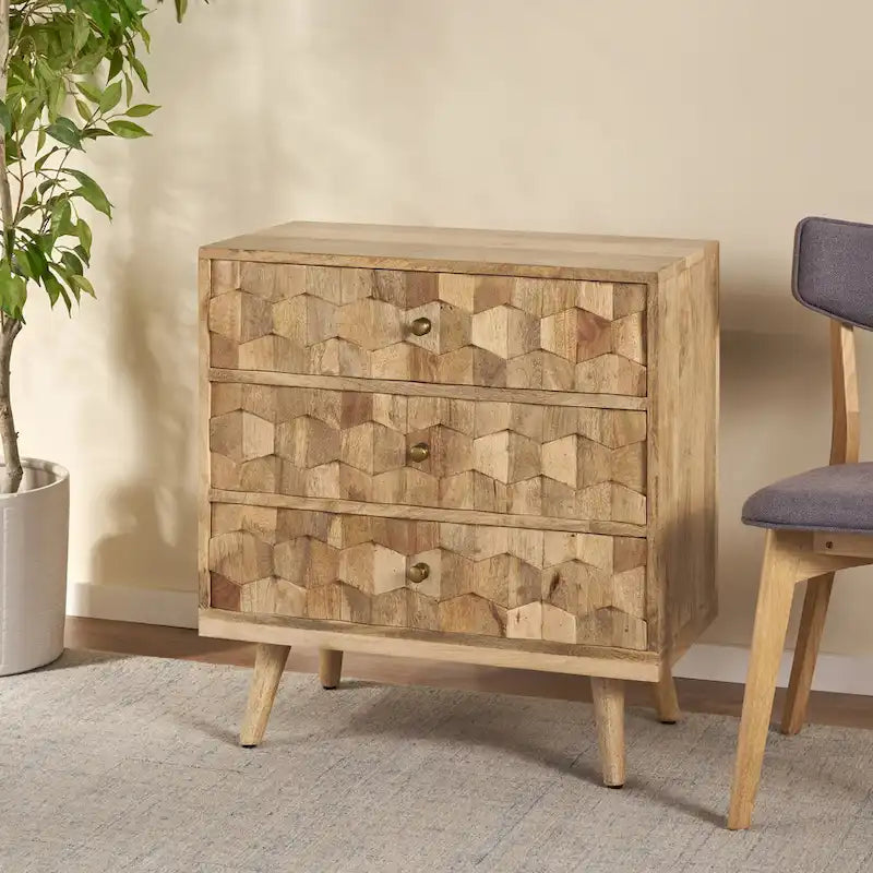 Commode à 3 tiroirs en bois de manguier fabriquée à la main, style Mid-Century Modern