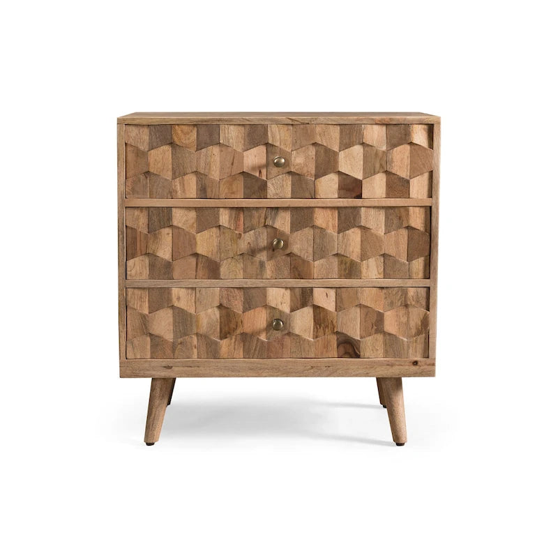 Commode à 3 tiroirs en bois de manguier fabriquée à la main, style Mid-Century Modern