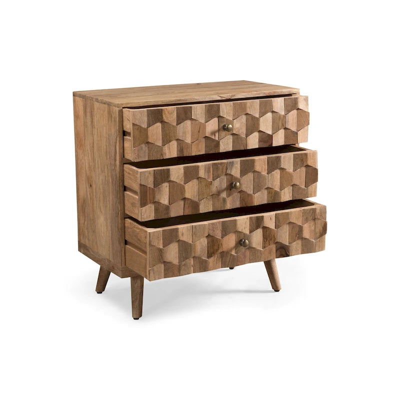 Commode à 3 tiroirs en bois de manguier fabriquée à la main, style Mid-Century Modern