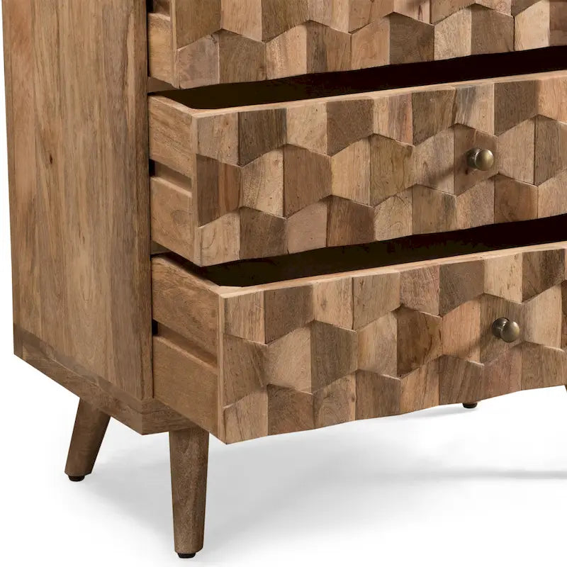 Commode à 3 tiroirs en bois de manguier fabriquée à la main, style Mid-Century Modern