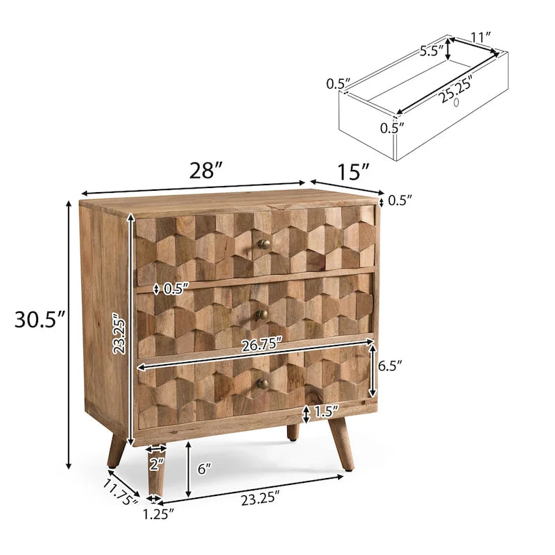 Commode à 3 tiroirs en bois de manguier fabriquée à la main, style Mid-Century Modern