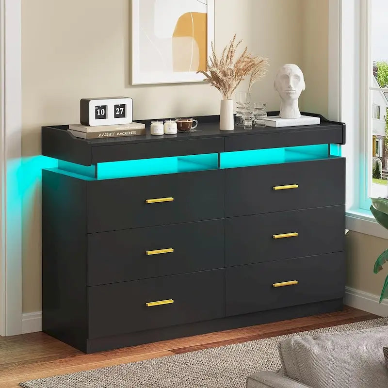 Commode à 6 tiroirs avec lumières LED et tiroirs coulissants