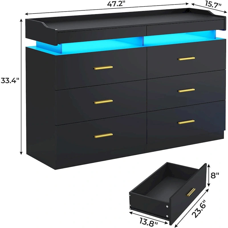 Commode à 6 tiroirs avec lumières LED et tiroirs coulissants