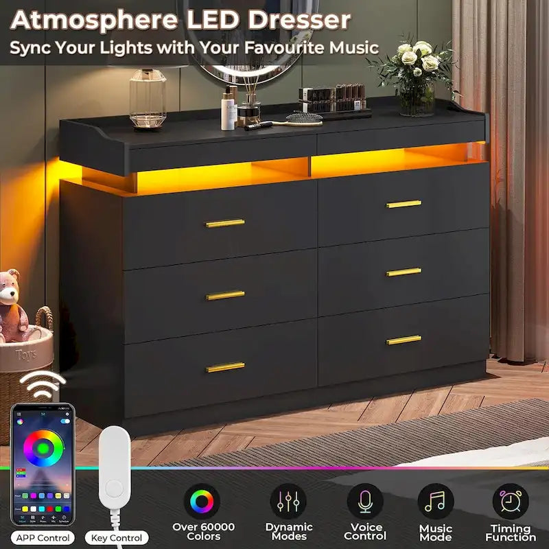 Commode à 6 tiroirs avec lumières LED et tiroirs coulissants