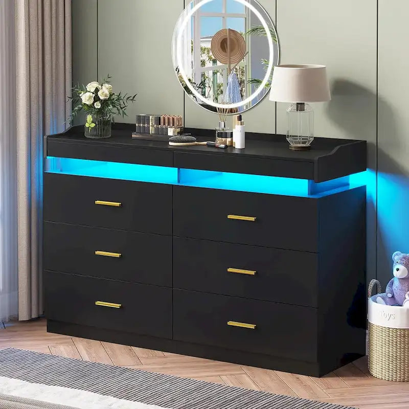 Commode à 6 tiroirs avec lumières LED et tiroirs coulissants