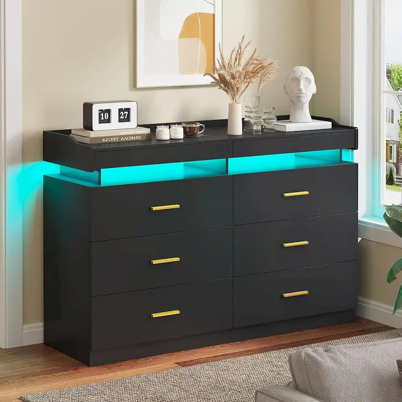 Commode à 6 tiroirs avec lumières LED et tiroirs coulissants