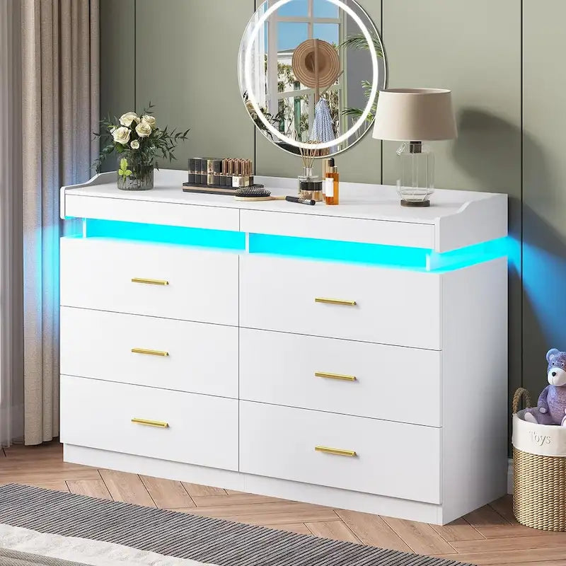 Commode à 6 tiroirs avec lumières LED et tiroirs coulissants