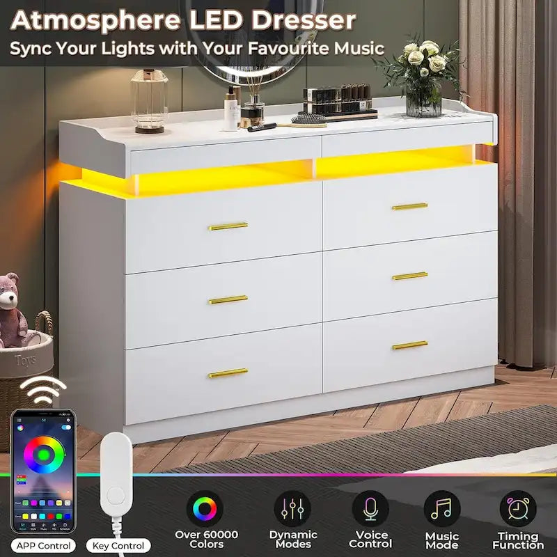 Commode à 6 tiroirs avec lumières LED et tiroirs coulissants