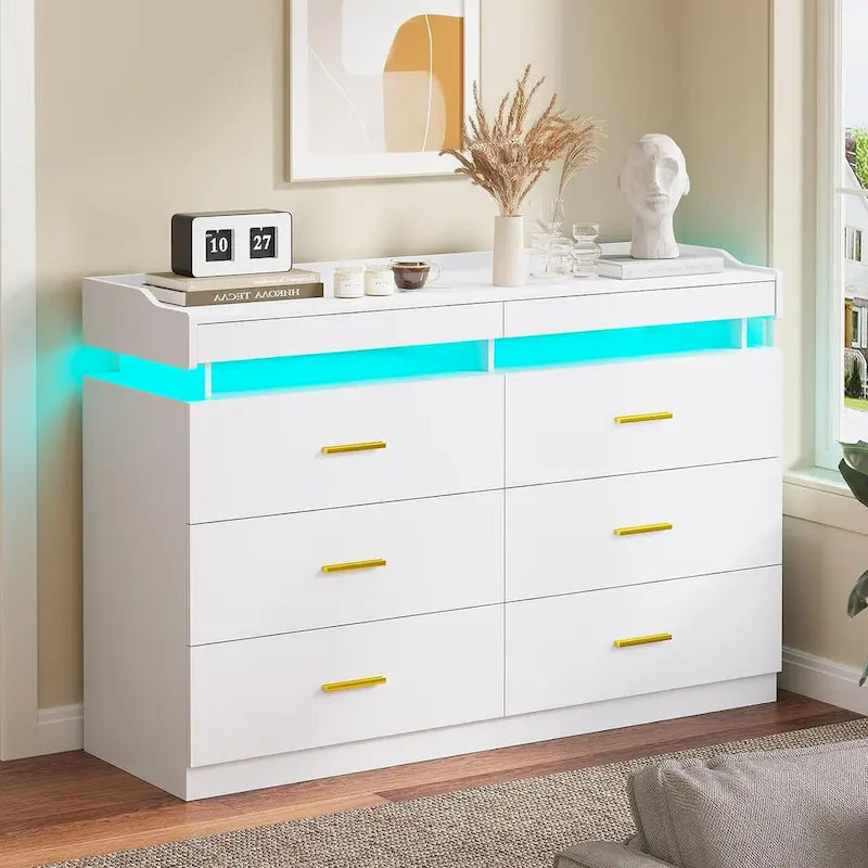 Commode à 6 tiroirs avec lumières LED et tiroirs coulissants