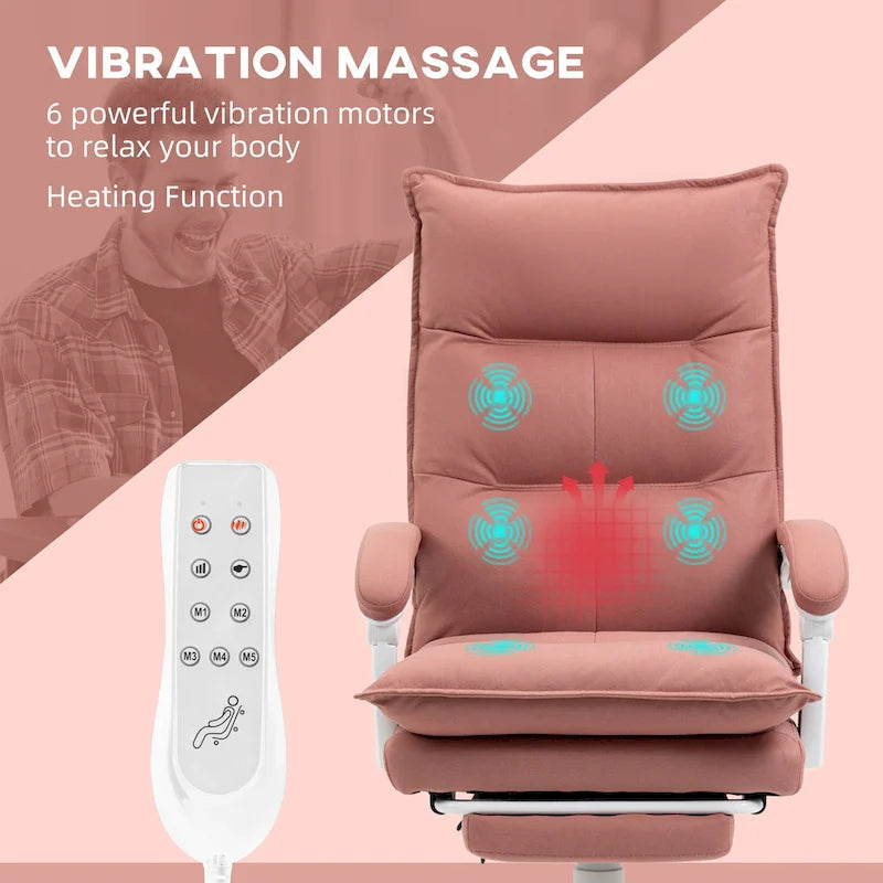 Fauteuil de bureau massant à dossier haut avec 6 points de vibration, fauteuil d'ordinateur inclinable chauffant en microfibre avec repose-pieds