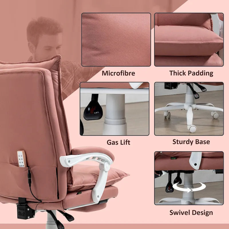 Fauteuil de bureau massant à dossier haut avec 6 points de vibration, fauteuil d'ordinateur inclinable chauffant en microfibre avec repose-pieds