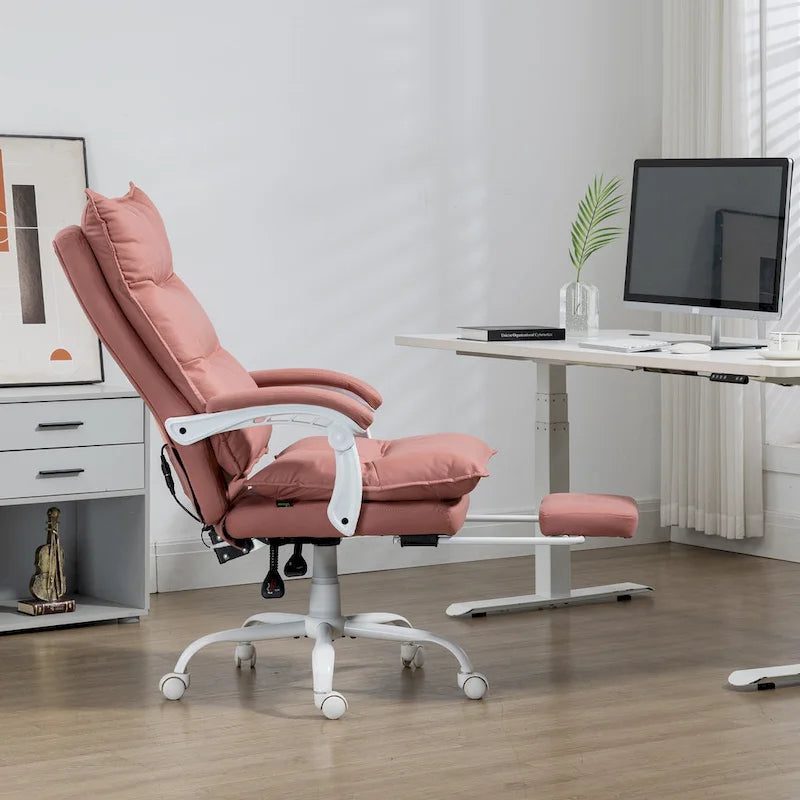 Fauteuil de bureau massant à dossier haut avec 6 points de vibration, fauteuil d'ordinateur inclinable chauffant en microfibre avec repose-pieds