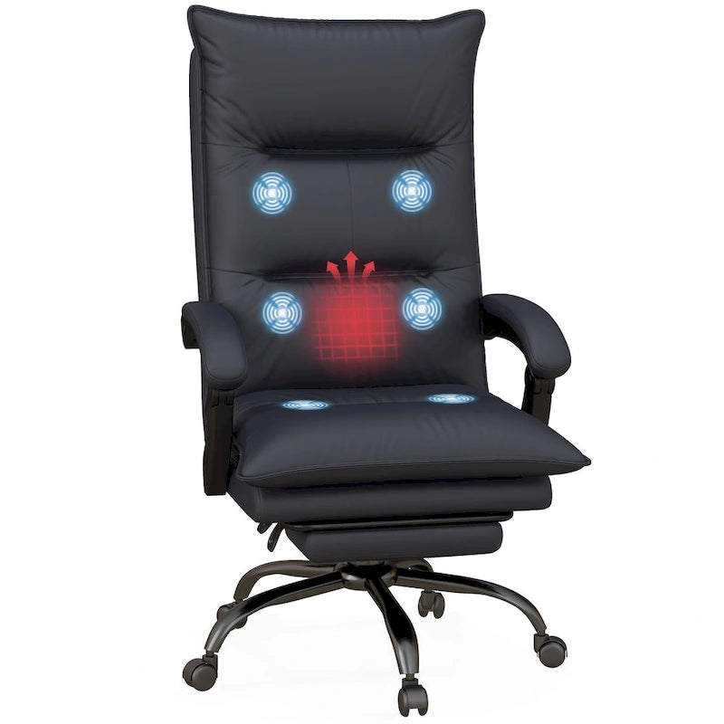 Fauteuil de bureau massant à dossier haut avec 6 points de vibration, fauteuil d'ordinateur inclinable chauffant en microfibre avec repose-pieds
