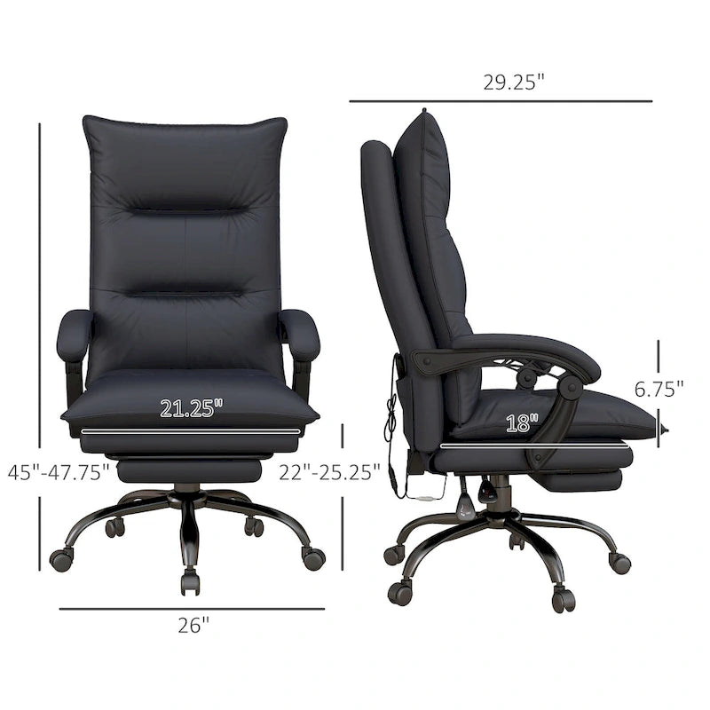 Fauteuil de bureau massant à dossier haut avec 6 points de vibration, fauteuil d'ordinateur inclinable chauffant en microfibre avec repose-pieds