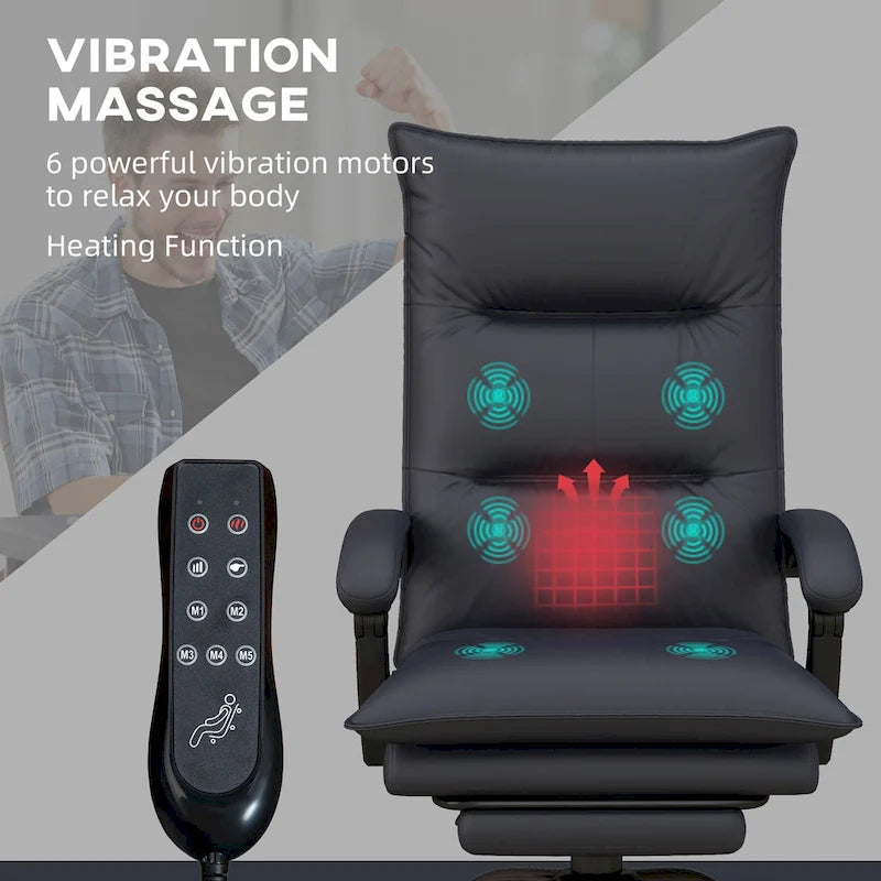 Fauteuil de bureau massant à dossier haut avec 6 points de vibration, fauteuil d'ordinateur inclinable chauffant en microfibre avec repose-pieds