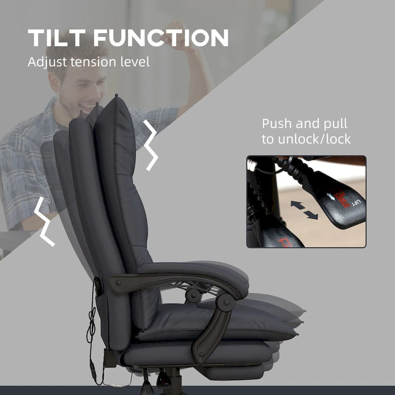 Fauteuil de bureau massant à dossier haut avec 6 points de vibration, fauteuil d'ordinateur inclinable chauffant en microfibre avec repose-pieds