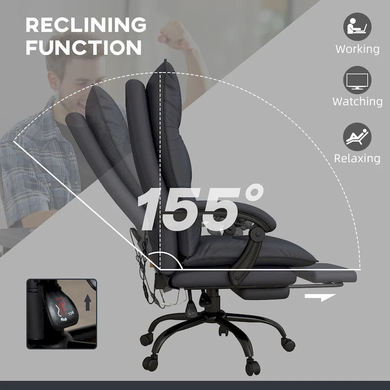 Fauteuil de bureau massant à dossier haut avec 6 points de vibration, fauteuil d'ordinateur inclinable chauffant en microfibre avec repose-pieds