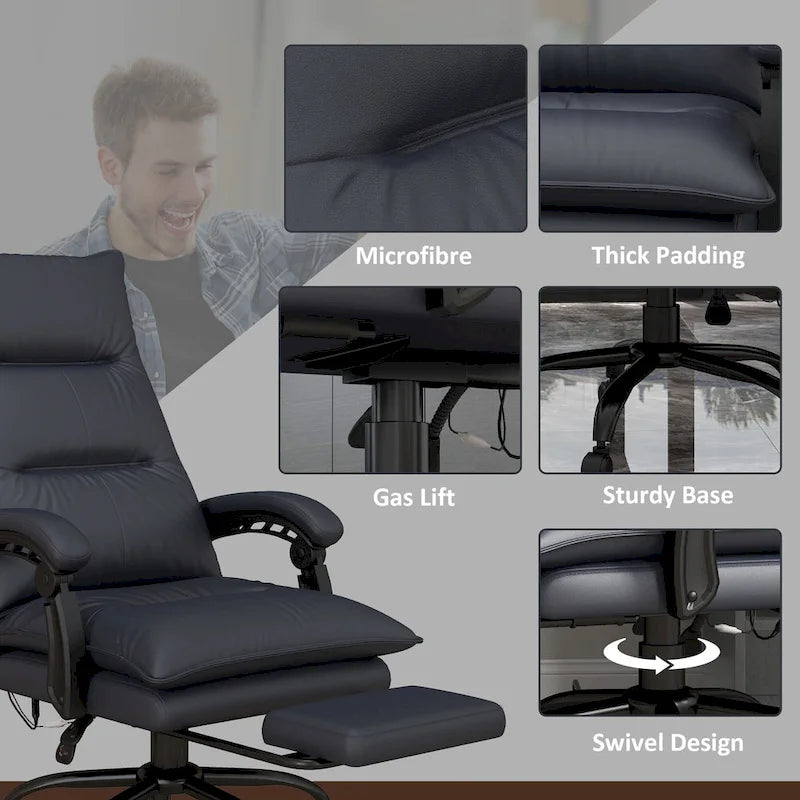Fauteuil de bureau massant à dossier haut avec 6 points de vibration, fauteuil d'ordinateur inclinable chauffant en microfibre avec repose-pieds