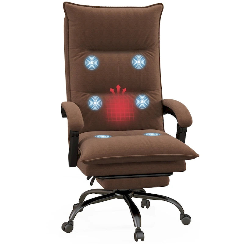 Fauteuil de bureau massant à dossier haut avec 6 points de vibration, fauteuil d'ordinateur inclinable chauffant en microfibre avec repose-pieds
