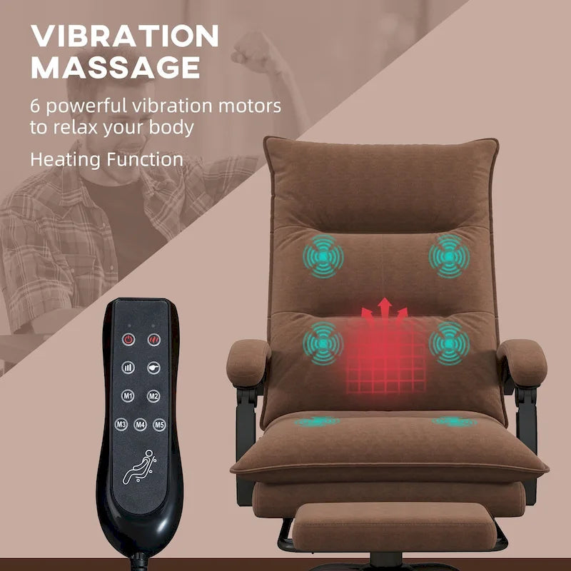 Fauteuil de bureau massant à dossier haut avec 6 points de vibration, fauteuil d'ordinateur inclinable chauffant en microfibre avec repose-pieds