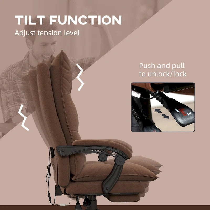 Fauteuil de bureau massant à dossier haut avec 6 points de vibration, fauteuil d'ordinateur inclinable chauffant en microfibre avec repose-pieds