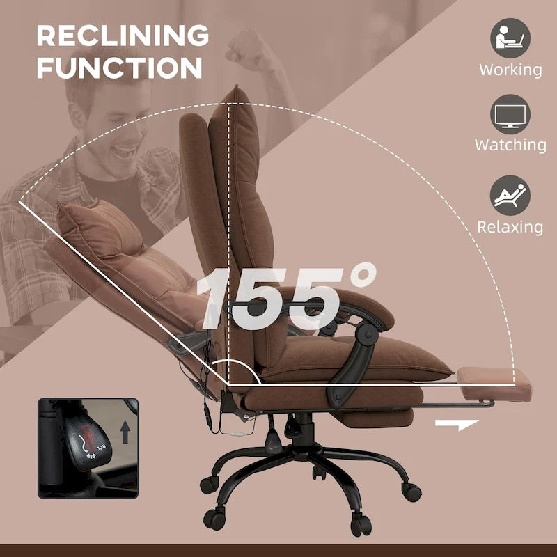 Fauteuil de bureau massant à dossier haut avec 6 points de vibration, fauteuil d'ordinateur inclinable chauffant en microfibre avec repose-pieds