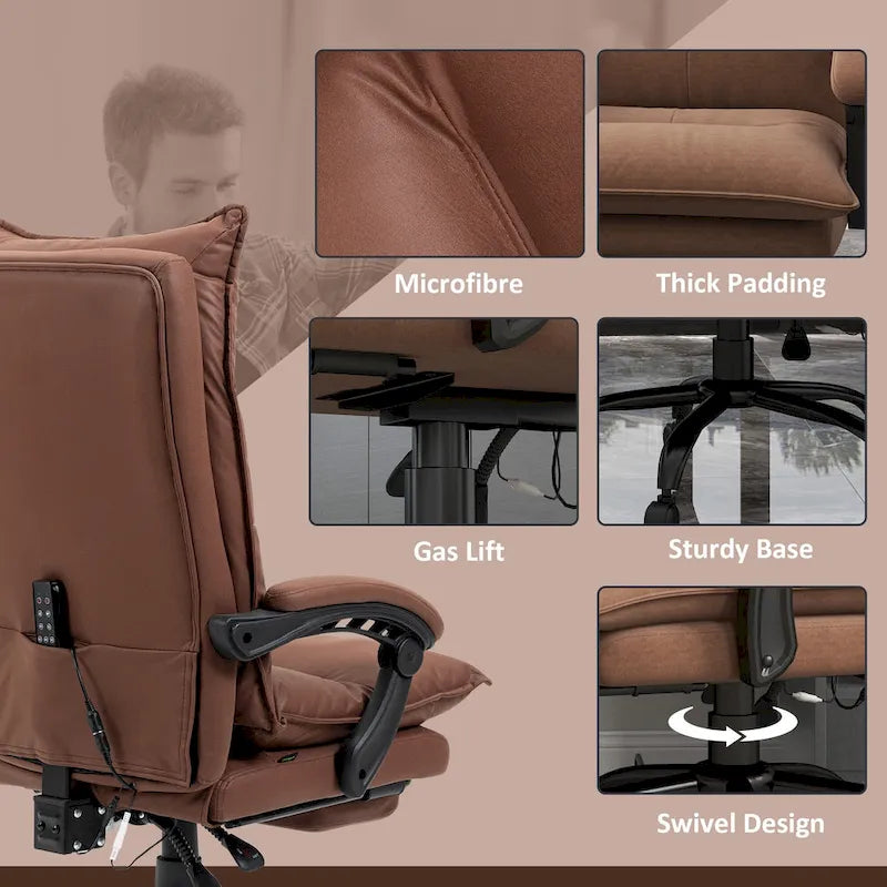 Fauteuil de bureau massant à dossier haut avec 6 points de vibration, fauteuil d'ordinateur inclinable chauffant en microfibre avec repose-pieds