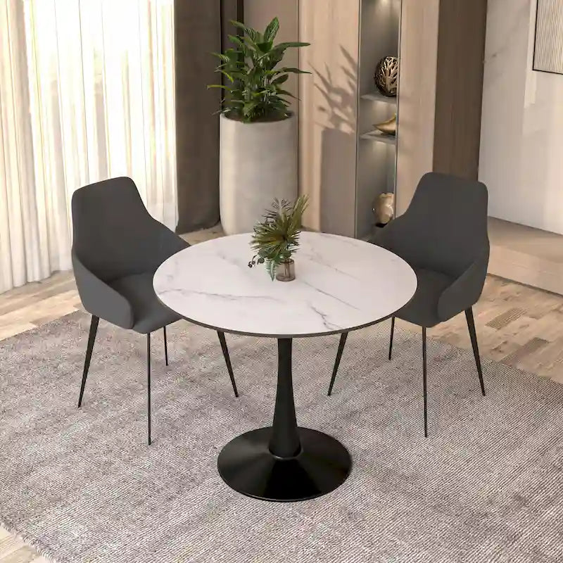 Table de salle à manger ronde de style milieu du siècle, 32 po, plateau en bois MDF et pied tulipe en fer brillant pour cuisine et salle à manger