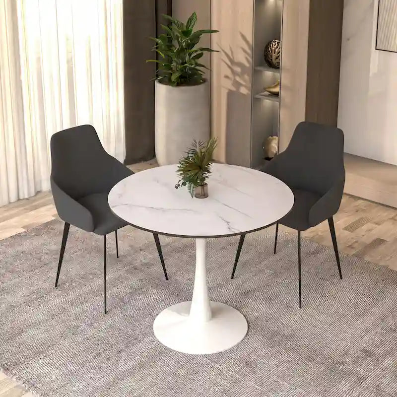 Table de salle à manger ronde de style milieu du siècle, 32 po, plateau en bois MDF et pied tulipe en fer brillant pour cuisine et salle à manger