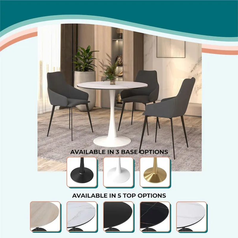 Table de salle à manger ronde de style milieu du siècle, 32 po, plateau en bois MDF et pied tulipe en fer brillant pour cuisine et salle à manger