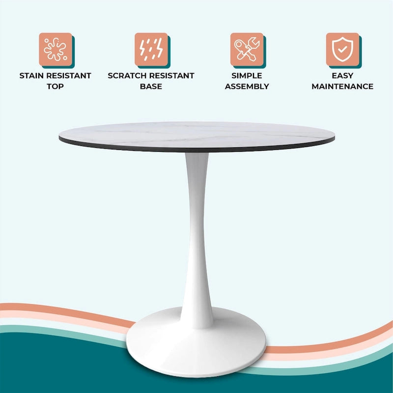 Table de salle à manger ronde de style milieu du siècle, 32 po, plateau en bois MDF et pied tulipe en fer brillant pour cuisine et salle à manger