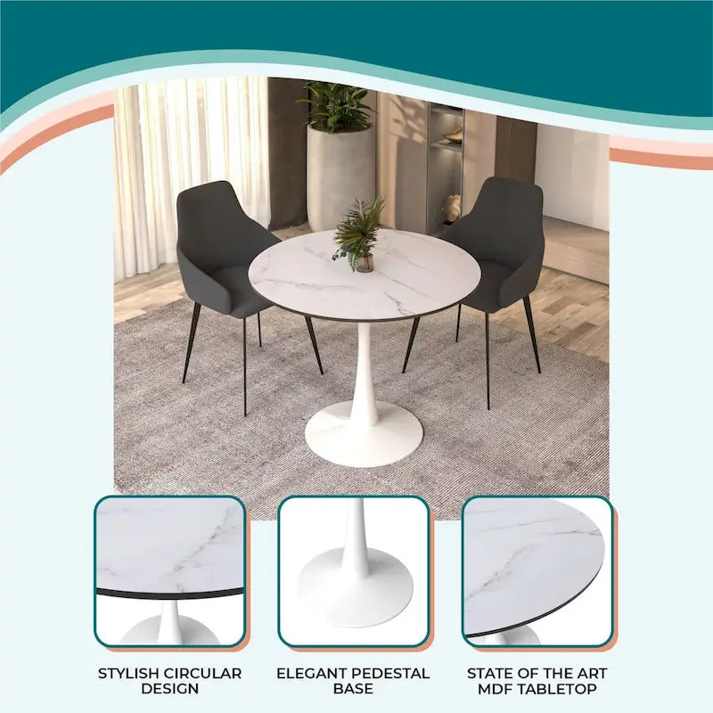 Table de salle à manger ronde de style milieu du siècle, 32 po, plateau en bois MDF et pied tulipe en fer brillant pour cuisine et salle à manger
