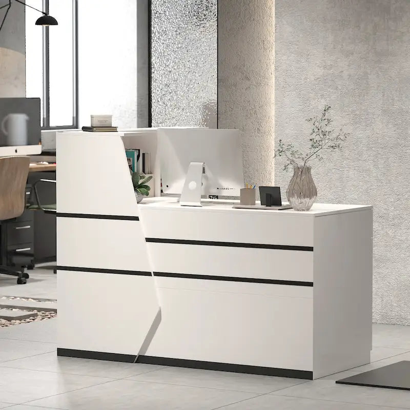 Bureau de réception en L en bois avec tiroir à clavier