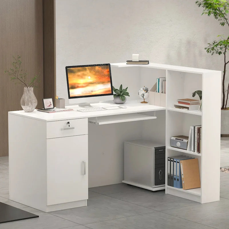 Bureau de réception en L en bois avec tiroir à clavier