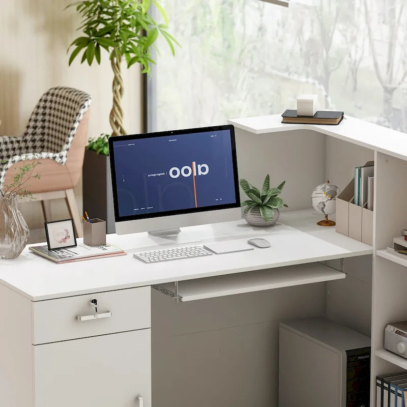 Bureau de réception en L en bois avec tiroir à clavier