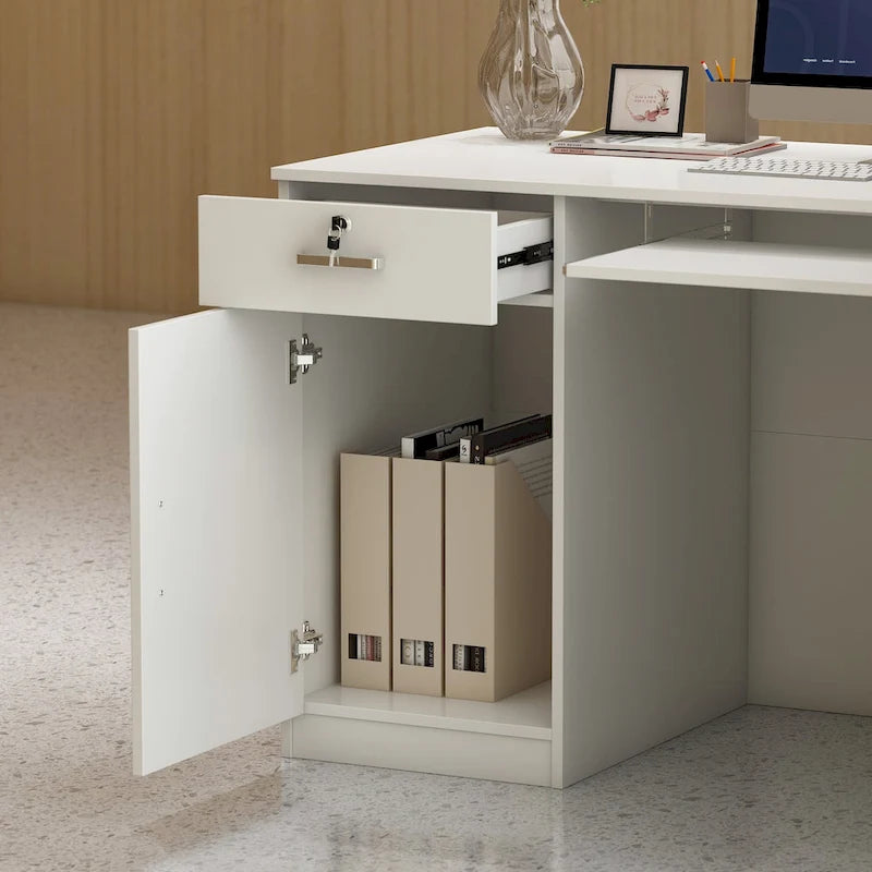 Bureau de réception en L en bois avec tiroir à clavier