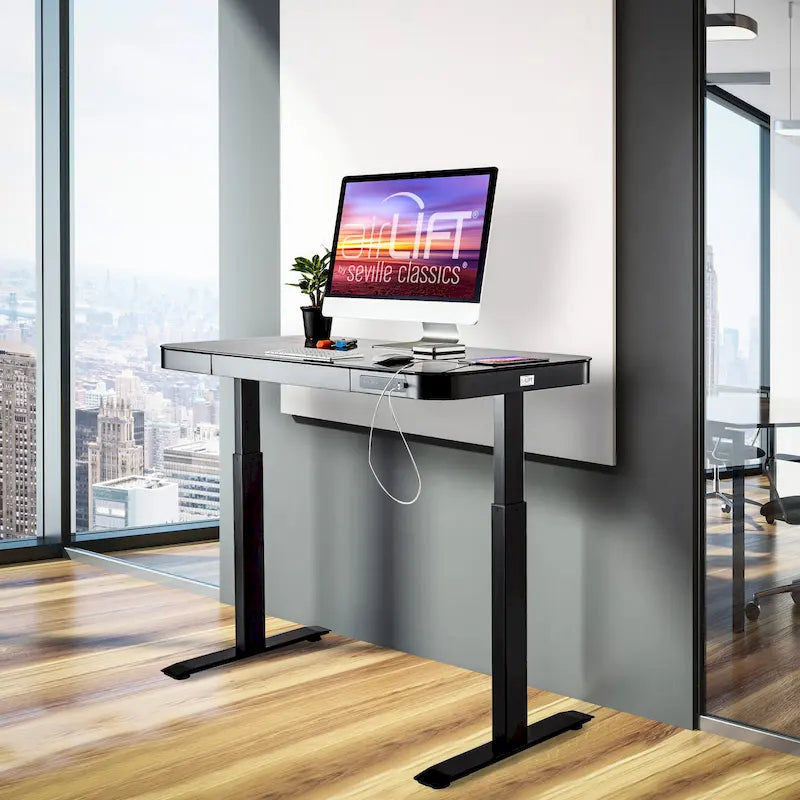 Bureau assis-debout électrique en verre trempé de 120,65 cm avec ports de chargement USB