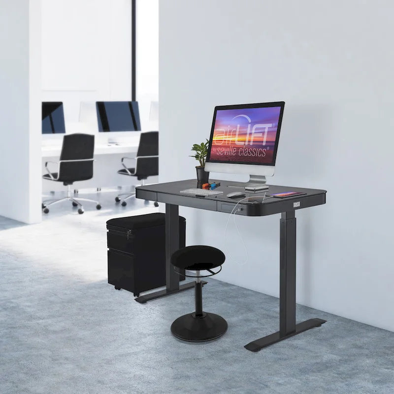 Bureau assis-debout électrique en verre trempé de 120,65 cm avec ports de chargement USB